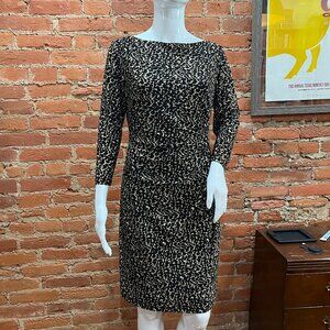 Lauren Ralph Lauren 10P boatneck cocktail dress 3/4 sleeve leopard print ruched